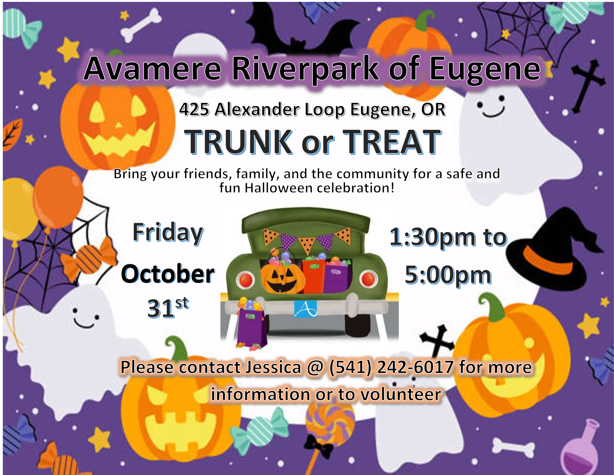 🎃 Trunk or Treat at Avamere Riverpark of Eugene! 👻 Bring your friends, family, and the community together for a safe and fun Halloween celebration! Join us for Trunk or Treat, where decorated trunks will be full of candy, smiles, and spooky surprises for kids of all ages. 📅 Date: Friday, October 31st 🕐 Time: 1:30 PM – 5:00 PM 📍 Location: Avamere Riverpark of Eugene, 425 Alexander Loop, Eugene, OR ✨ Highlights: Trick-or-treating from creatively decorated trunks 🚗🍬 A safe, family-friendly atmosphere full of festive fun 🎉 Plenty of chances for costumes, photos, and Halloween memories 📸