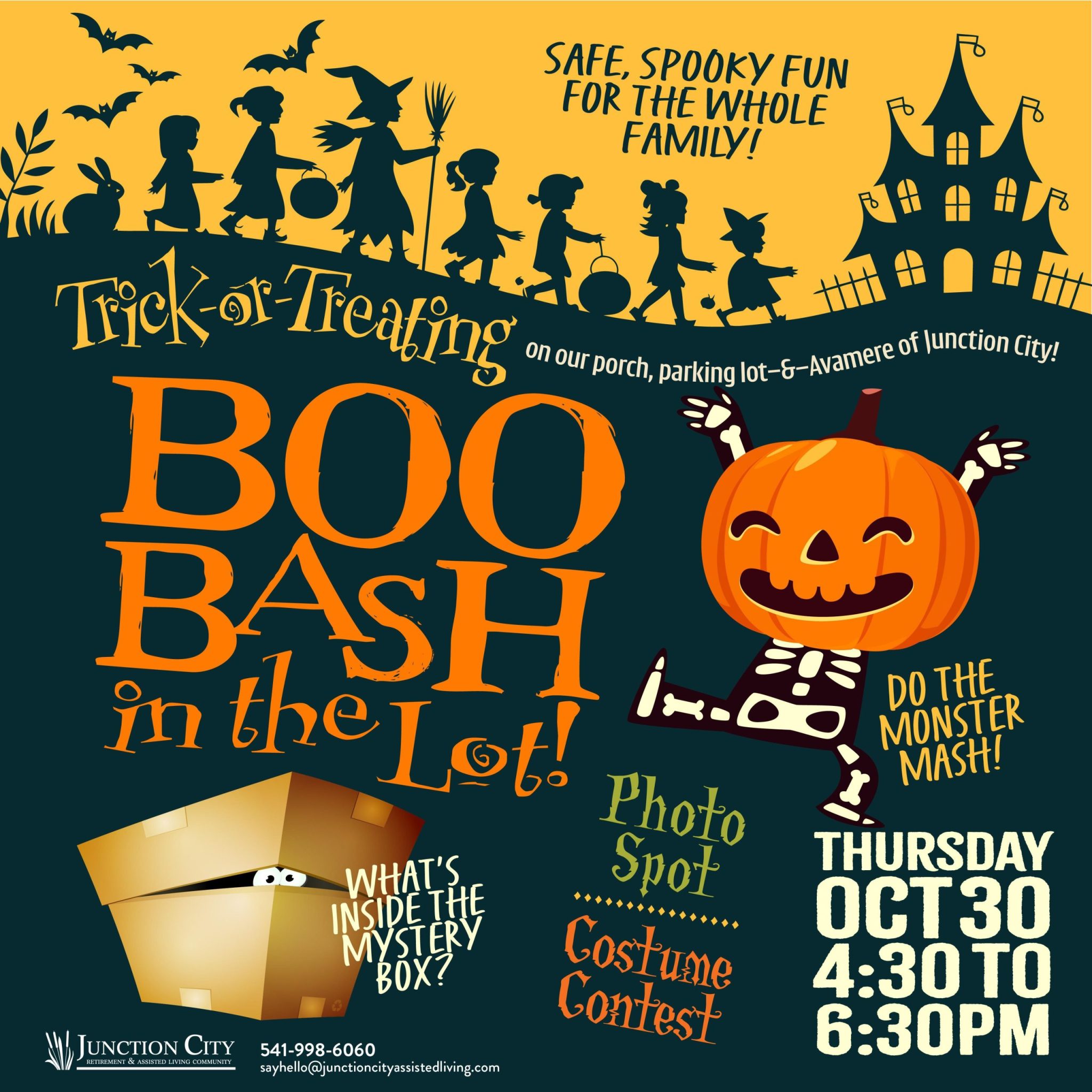 🎃 BOO BASH in the Lot! 👻 It’s that time of year for costumes, candy, and a little spooky fun! We’re excited to invite you, your family, and friends to our Boo Bash in the Lot, hosted in partnership with Avamere Junction City. 📅 Date & Time: Thursday, October 30, 2025 | 4:30 – 6:30 PM 📍 Location: Junction City Retirement, 500 East 5th Ave., Junction City ✨ What’s Brewing at the Bash: 🍬 Trunk-or-Treating – safe and fun for kids of all ages 🕷️ Spooky Porch – if you dare, step inside! 🪩 Monster Mash Dance Fun 📸 Photo Booth & Contest – capture your costume & win prizes 🎁 Mystery Boxes – surprises await the brave
